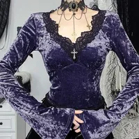 Vintage Palace Style Velvet Dress Women Aesthetic Fairycore Grunge Mall Gothic Lace Patchwork Long Sleeve Crop Tee Tops