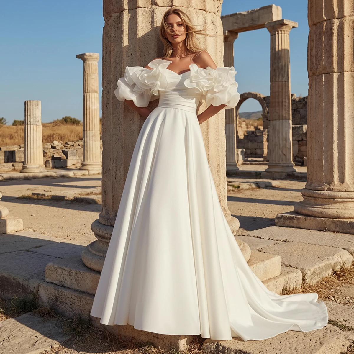 

Elegant Satin Puffy Wedding Dress For Women Long Off Shoulder Bridal Party Gown Pleated Ball Gown With Train Vestidos Novia