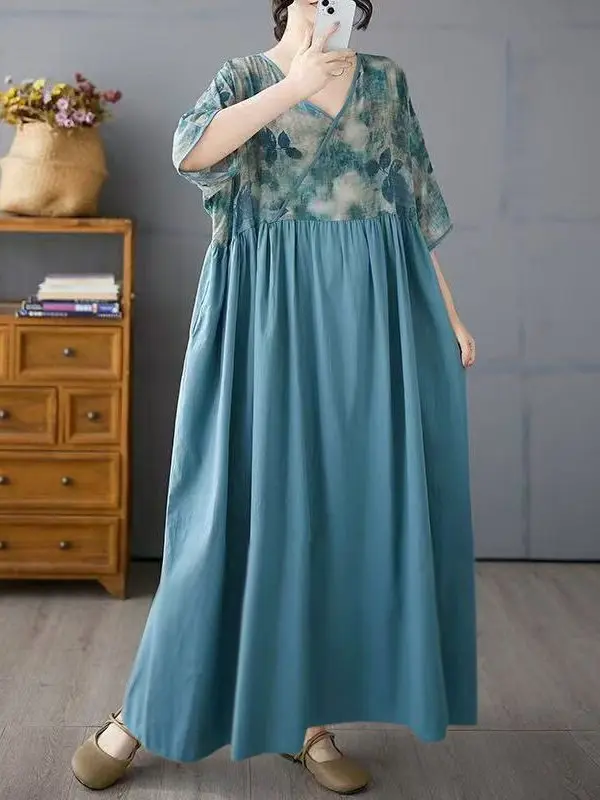 High Waist Slimming Cotton Linen New Sle V-ne Splicing Retro Wind Dr Middle-aged Mom Clothes plus Size Long Dr