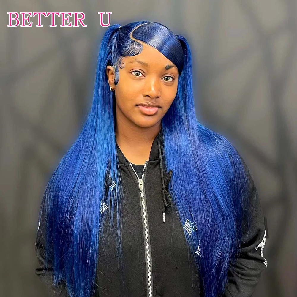 Navy Blue Human Hair Glueless Wig HD Transparent 13x4 13x6 Lace Front Human Hair Wig PrePlucked Straight Ready To Wear Glueless