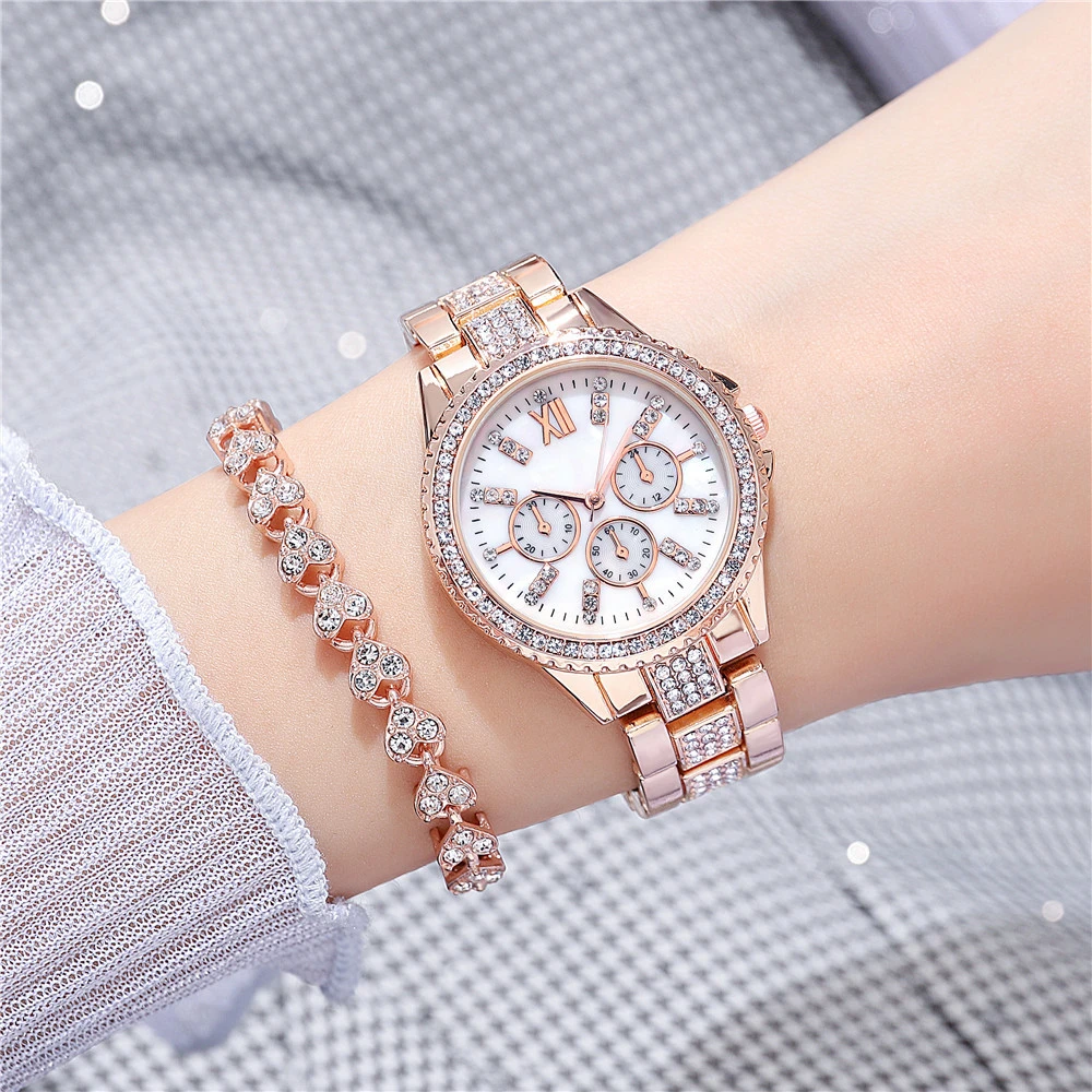 Luxury Three Eyes With Diamonds Women Quartz Watch New Fashion Brand Lady Watches Rose Gold Stainless Steel Bracelet Gift Clock