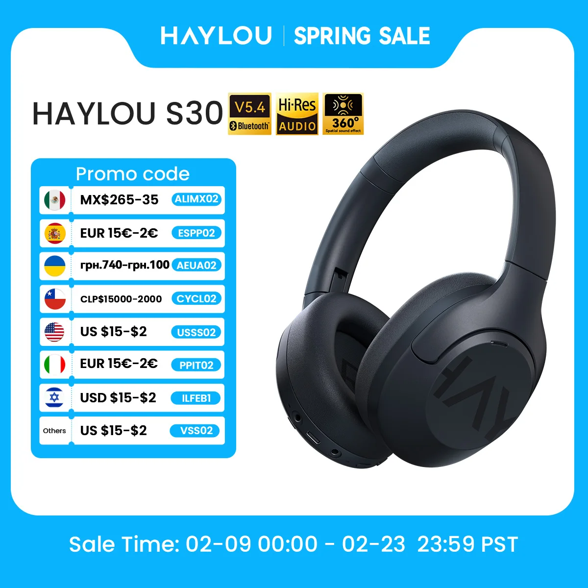 HAYLOU S30 무선 블루투스 5.4 헤드폰, 43dB 적응형 노이즈 캔슬링 헤드셋, 40mm 드라이버, 80H 재생 시간...