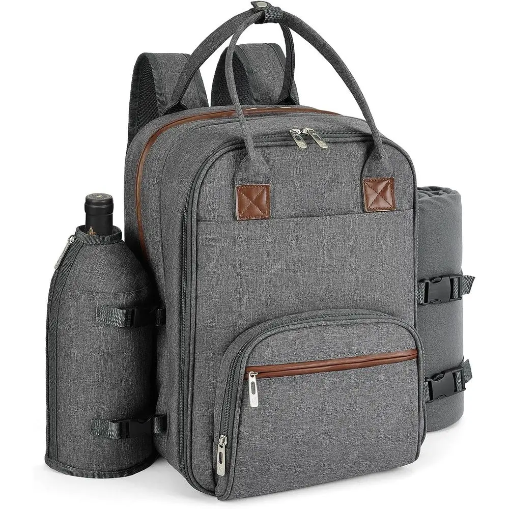 

Insulated Cooler Bag with Compartment, Detachable Wine Glass Holder, Throw Blanket & Cutlery Set for 2, Ideal for Picnics and Fa