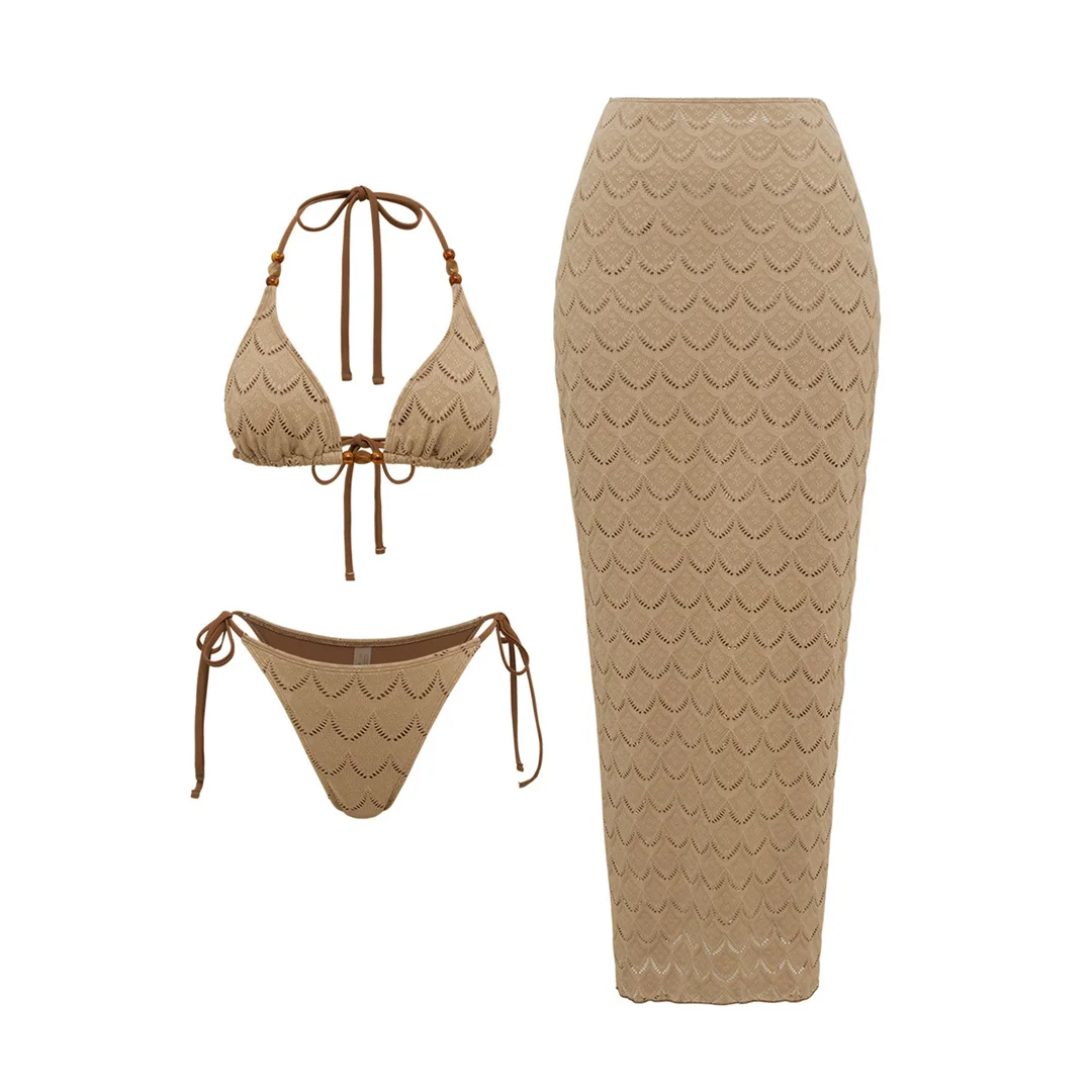 S - XL Mit Rock, Neckholder, ausgeschnittener Bikini, Damen-Badeanzug, dreiteiliges Bikini-Set, Badebekleidung, Badeanzug, Schwimmanzug V8477 – Detail 4