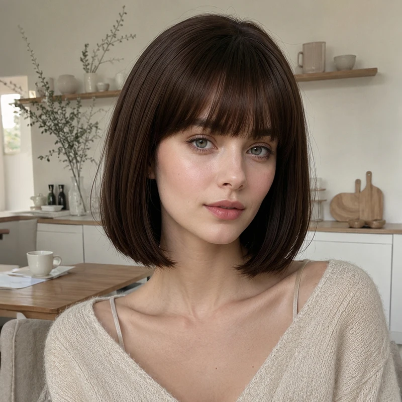 Synthetic bangs bob wig, 12 inches dark brown, sophisticated everyday style.
