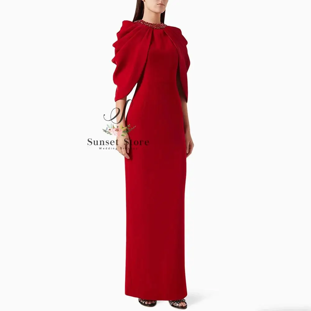 

Customized Red Prom Dress with Cape Customized Crystal Stones Sheath Back Split Saudi Arabian Woman Evening Gown فساتين ل