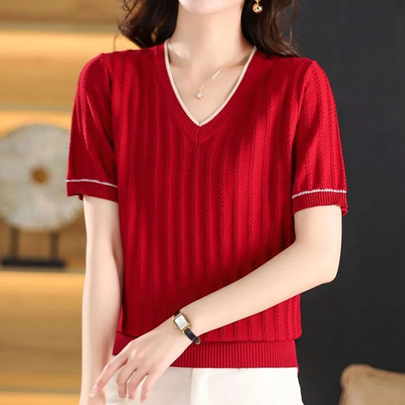 Female Simplicity Commute Short Sleeve Knitted Tops Summer Fashion All-match Solid V-Neck Pullovers T-shirt Women\'s Clothing