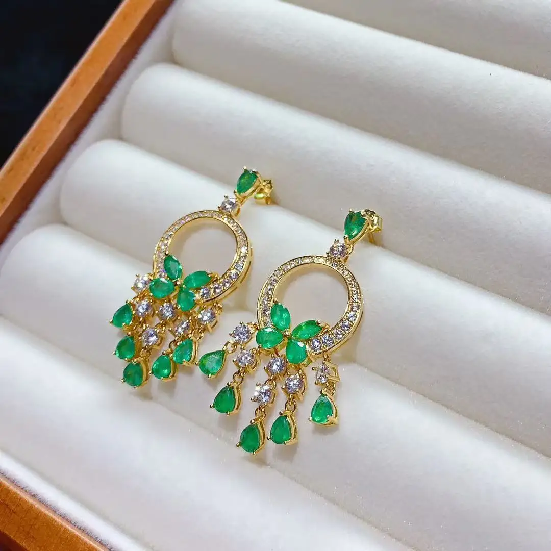 Natural Emerald Earrings Butterfly Fringe, 925 Sterling Silver Gala Dinner Luxury Jewelry