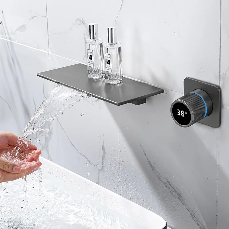 

LED Wall-Mounted Concealed Basin Faucet with Waterfall Spout, Temperature Display and Water-Powered Generator