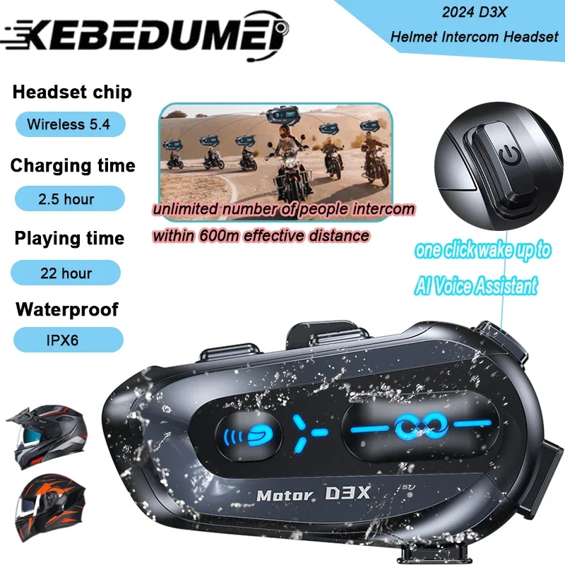 Kebidumei D3X Motorcycle Bluetooth Headset V5.4 With Music Sharing IPX6 Waterproof Hi-FI Speakers 1000mAh Half duplex intercom