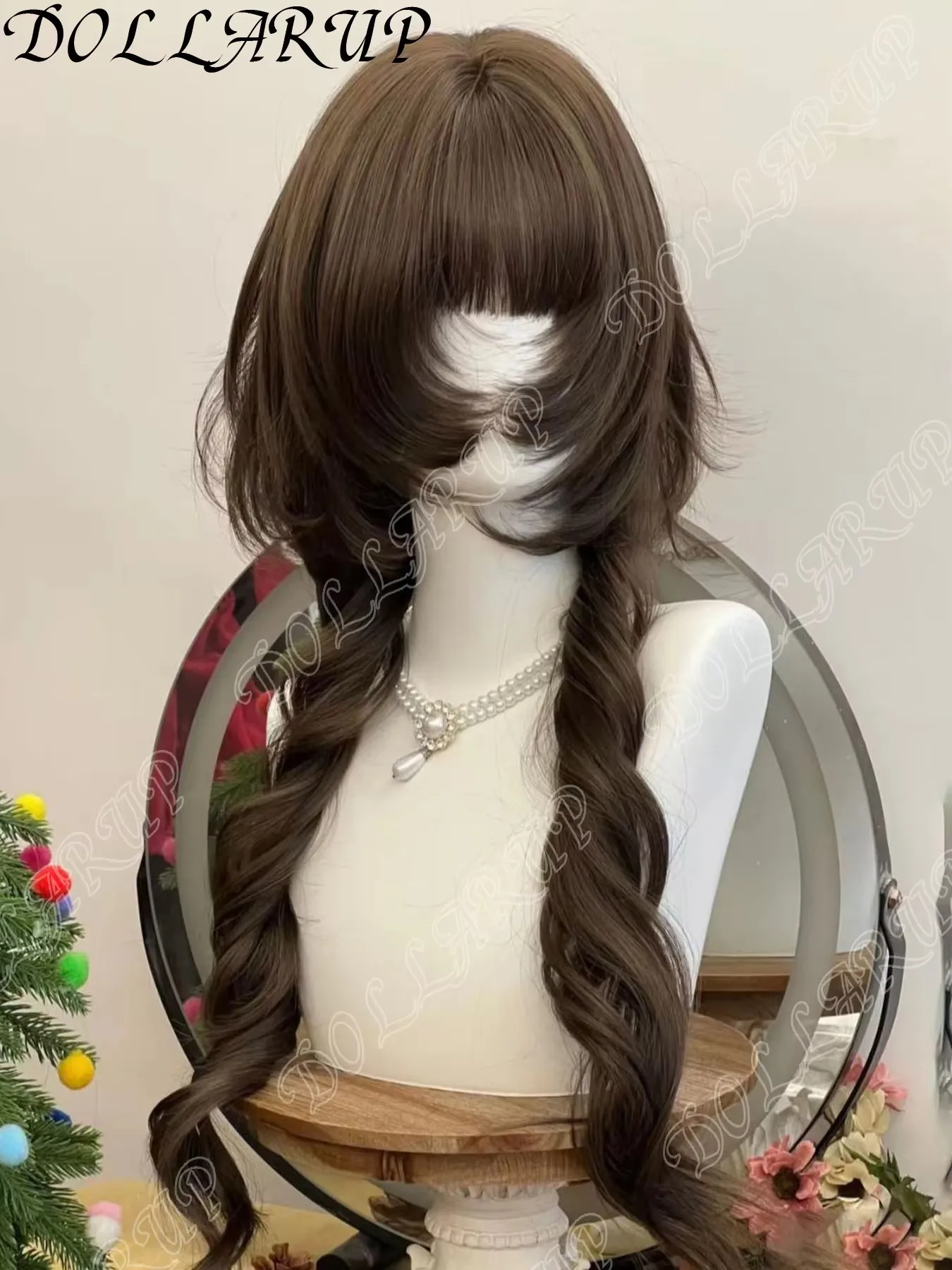 JKL الانفجارات المحطمة مع سوالف بني أسود 50 سنتيمتر ذيل حصان مزدوج طويل مجعد الشعر لوليتا شعر مستعار مع الانفجارات شعر مستعار اصطناعي ل #2