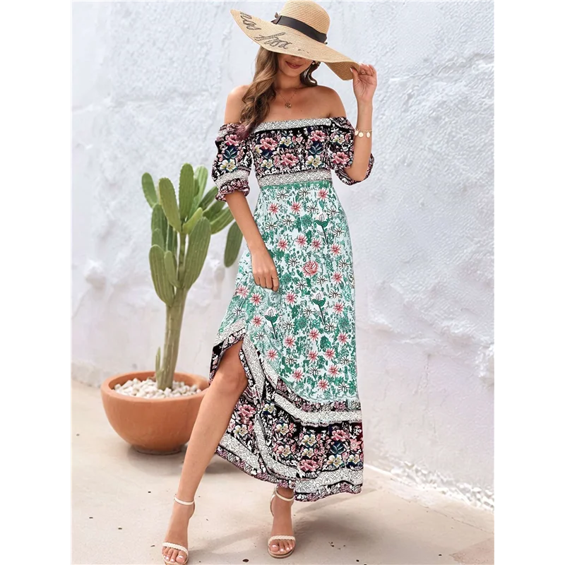 ASDS-Vestido feminino verão 2025, ombro de fora, boho, estampa floral, em camadas, casual, fluido, longo, maxi