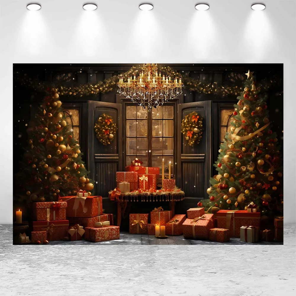 Mocsicka Tło świąteczne Drewniane drzwi Choinka Dzwonek Prezenty Portret rodzinny Tło Dzieci Wewnętrzne Rekwizyty fotograficzne Studio fotograficzne