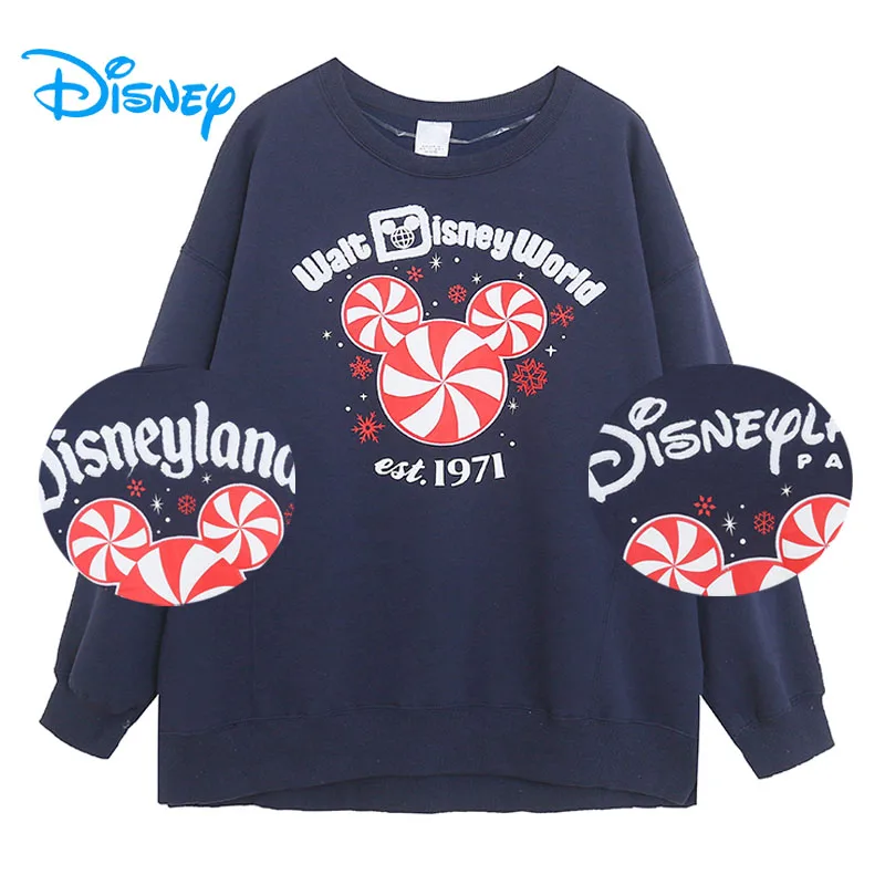 

Disney World Mickey Embroidery Fleece Sweatshirt Disneyland Women Casual Loose Pullover Top O Neck Cartoon Jumper Couple Unisex