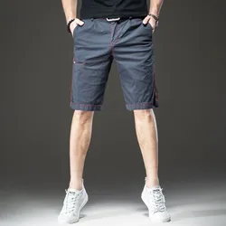 Trendy Fashion Summer Cargo Shorts Men Pockets Zippers Contrast Color Bright Line Decorat Casual Knee Length Straight Short Pant