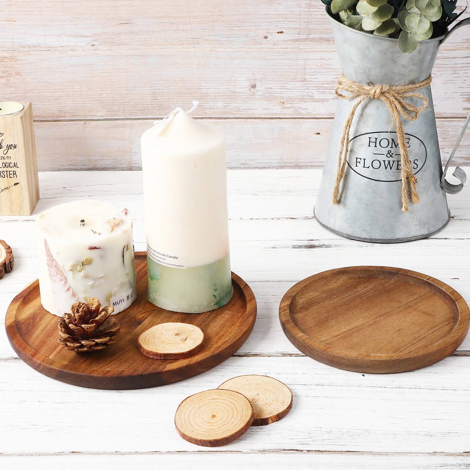 

2Pcs Solid Wood Round Decorative Trays Raised Edge Coffee Table Serving Tray Home Decor Snack Plate Wood Tray Wooden Pallets