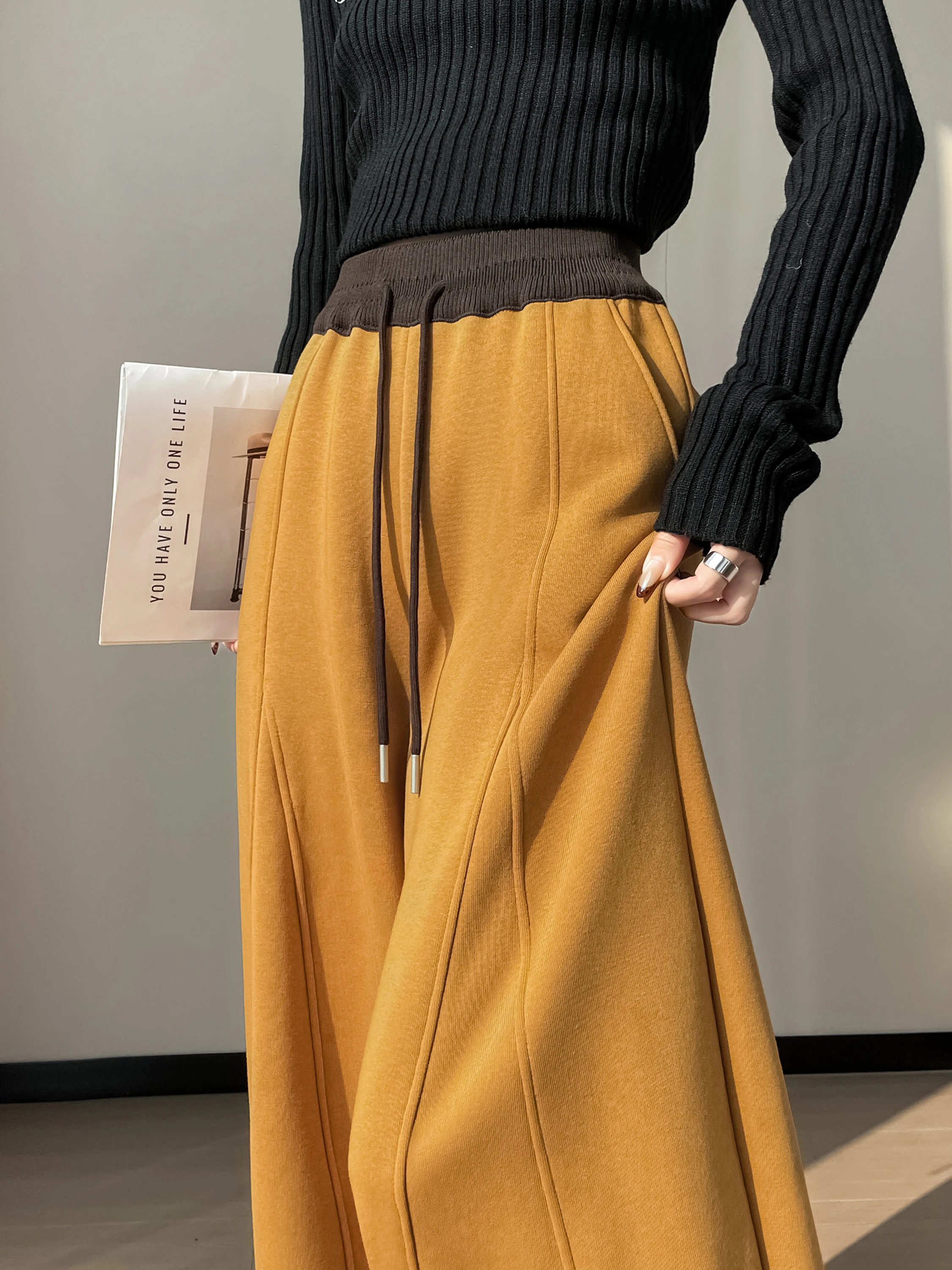 

Женские зимние повседневные спортивные брюки с высокой талией, утепленные, оранжевые, широкие, свободные, до колена