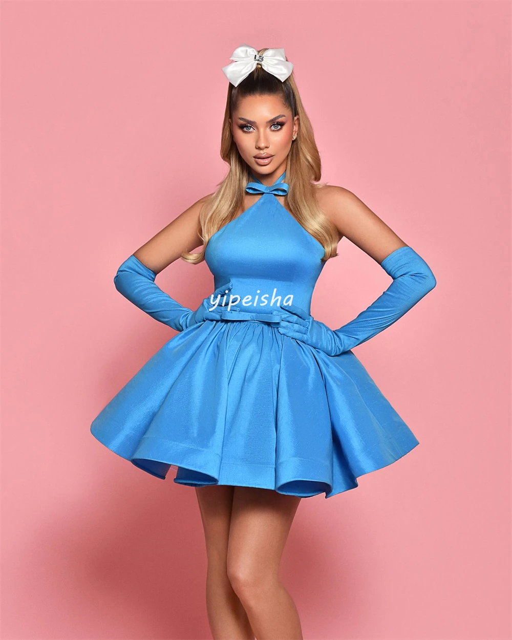 Customized Modern Style Satin Bow Ruched Ball Halter Mini Dresses Homecoming Dresses Exquisite Classic Simple High Quality Elega