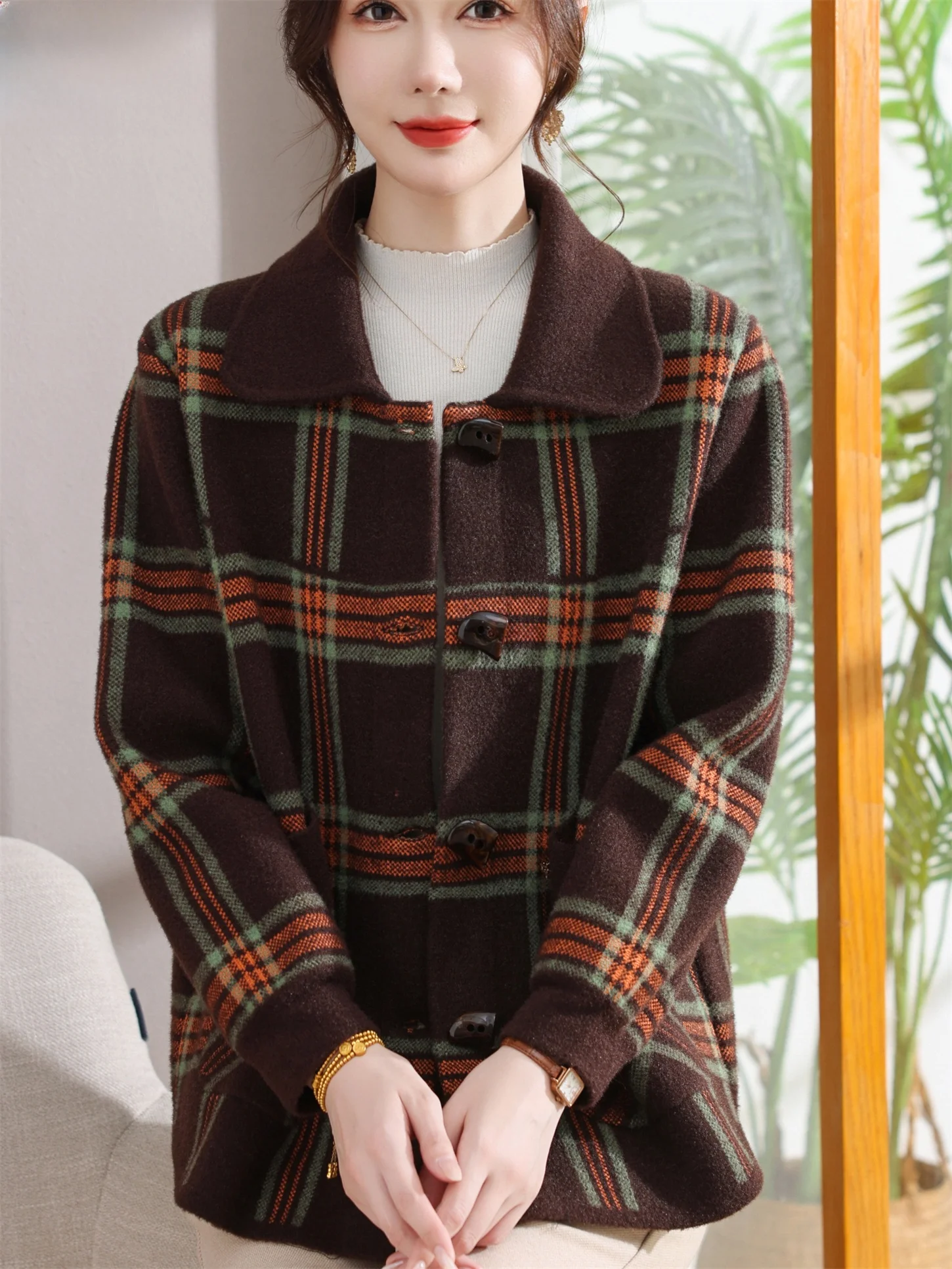 

Моющееся шерстяное пальто в клетку, весна-осень-зима, женская трикотажная одежда, открытый кардиган с лацканами, Sli ly, женская мода
