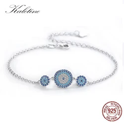 KALETINE Women Evil Eye Bracelet Genuine 925 Sterling Silver Men Jewelry Luxury Round Blue Eyes CZ Three Stones Tennis Bracelet