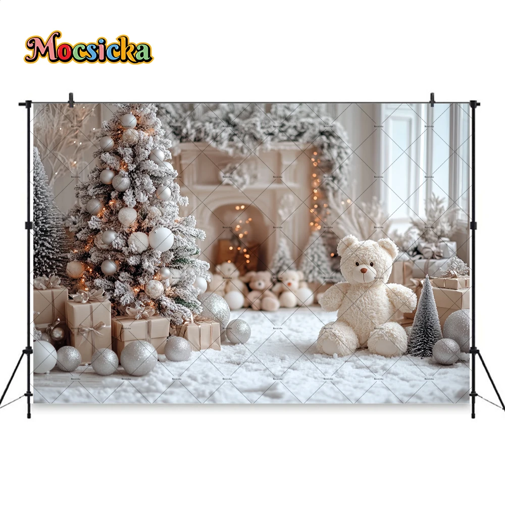 White Christmas Room Photography Background Fireplace Silver Xmas Tree Gift Snowy Backdrop Kids Newborn Birthday Winter Photo