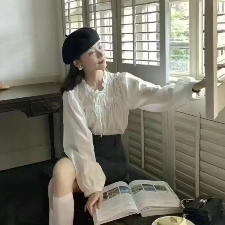 ロングスリーブ レディース 春秋 ゆったりデザイン センスタイ ヴィンテージ ウッドイヤー トレンド コットン バブルスリーブ レギュラー 厚手...