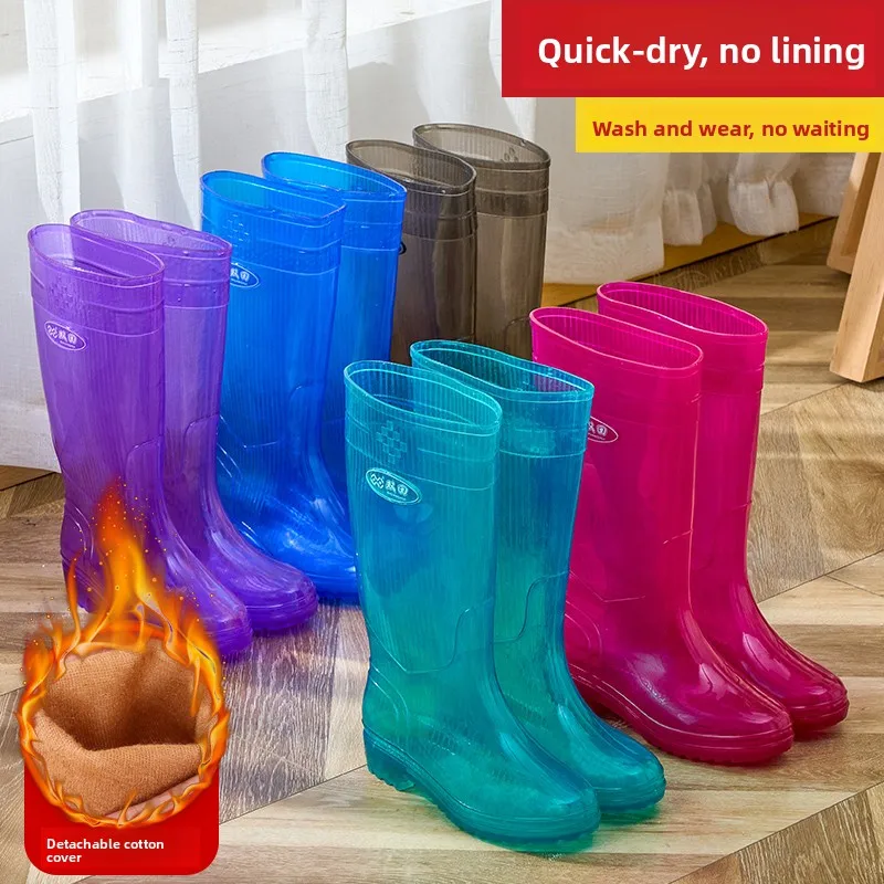 

Qui Dry No Rain Boots Women's Adult Warm Fce High Tube Faion Anti Slip Water oes Kitchen Work Rubber oes