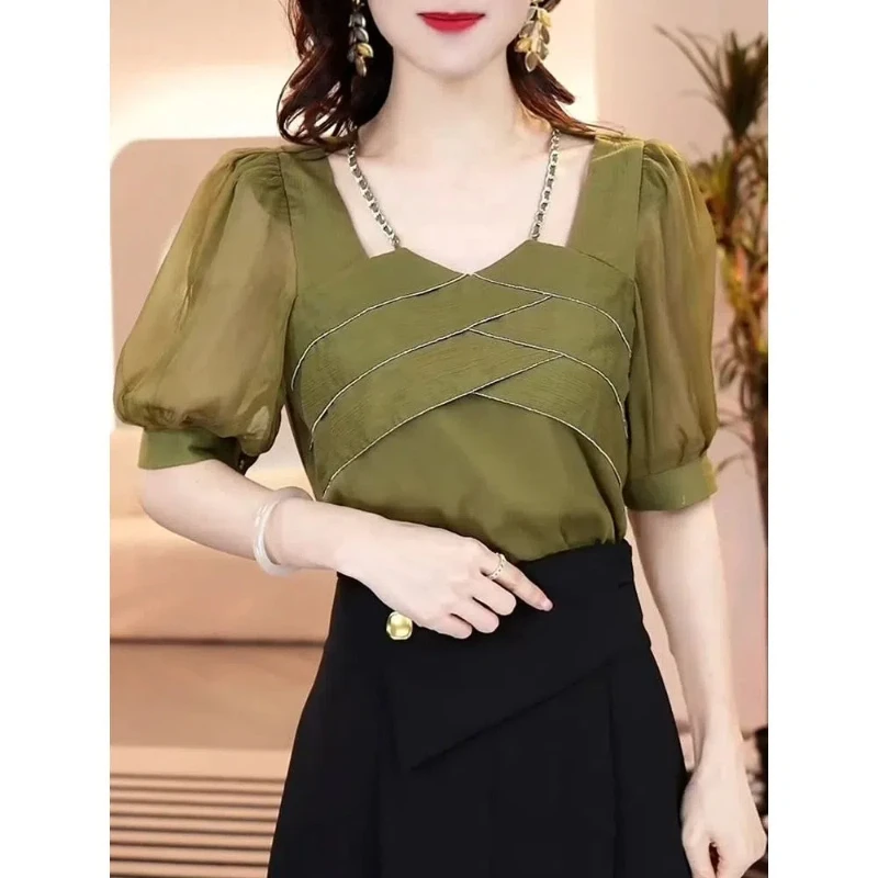 Fashion Elegant Square Collar Women\'s 2024 Summer New Spliced Puff Sleeve Solid Slim Gauze Casual Short Sleeved Blouses Shirts