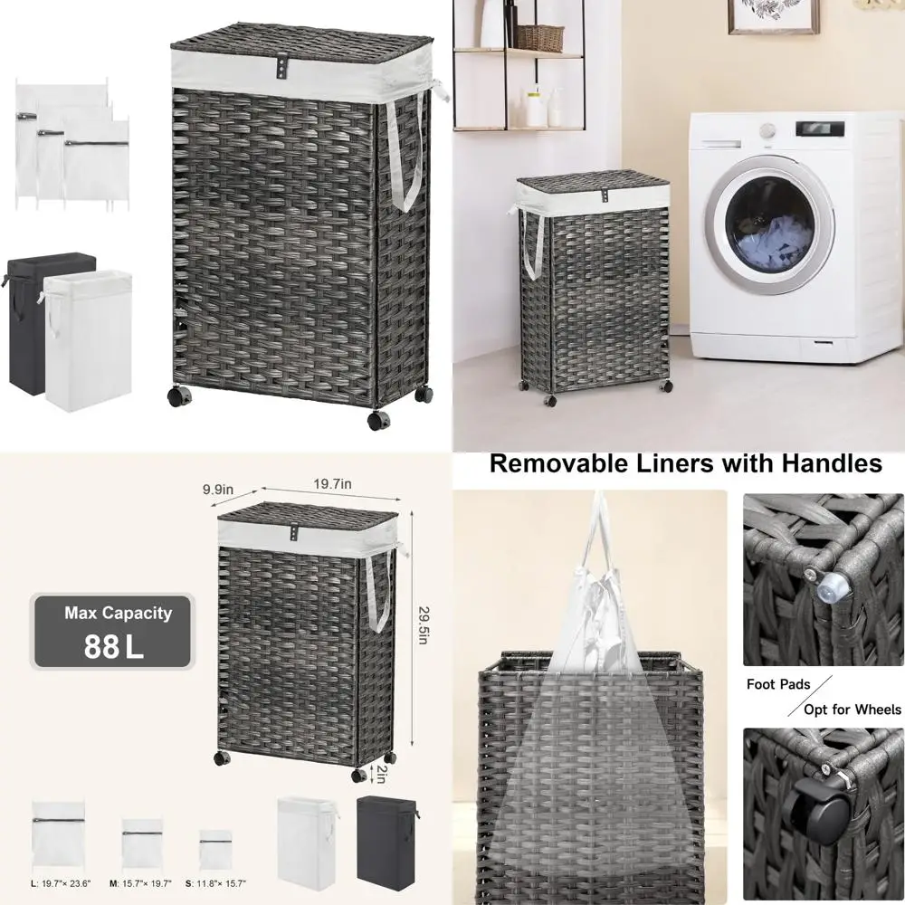 Прокатная корзина для белья с крышкой, емкость 23,3 галлона, высокий узкий дизайн, съемные пакеты для легкой транспортировки