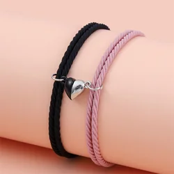 2PCS/Set Magnet Couple Bracelets Lovers Heart Magnetic Bracelet with Key Lock Charms Women Men Braided Rope Wrist Chain Jewelry