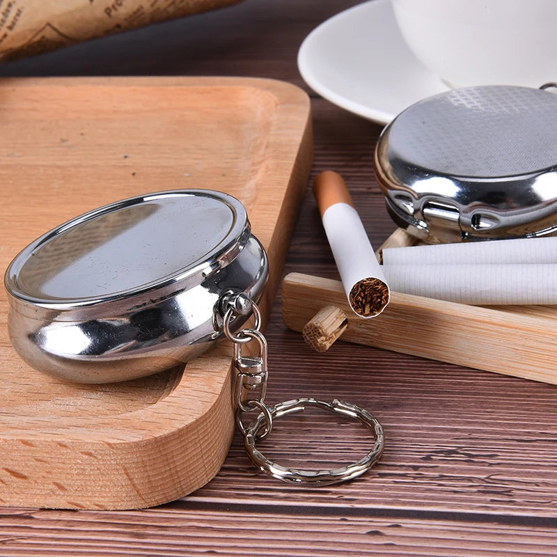 1Pcs Double Layer Round Keychain Portable Stainless Steel Pocket Ashtray Pill Box Case