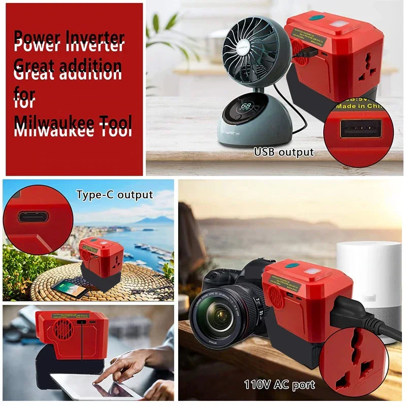 Inverter 200W untuk Milwaukee 18V baterai Li-ion DC 18V ke AC 110V/220V Inverter gelombang sinus modifikasi dengan lampu LED 280LM