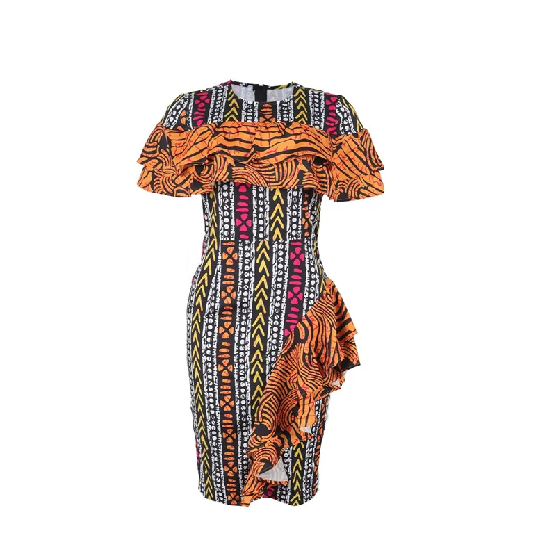 Slergiri Women's Ethnic Style Print Back Split Dress 2025 Summer O-Neck High Waist Boho Ruffle Trim Bodycon Midi Dresses