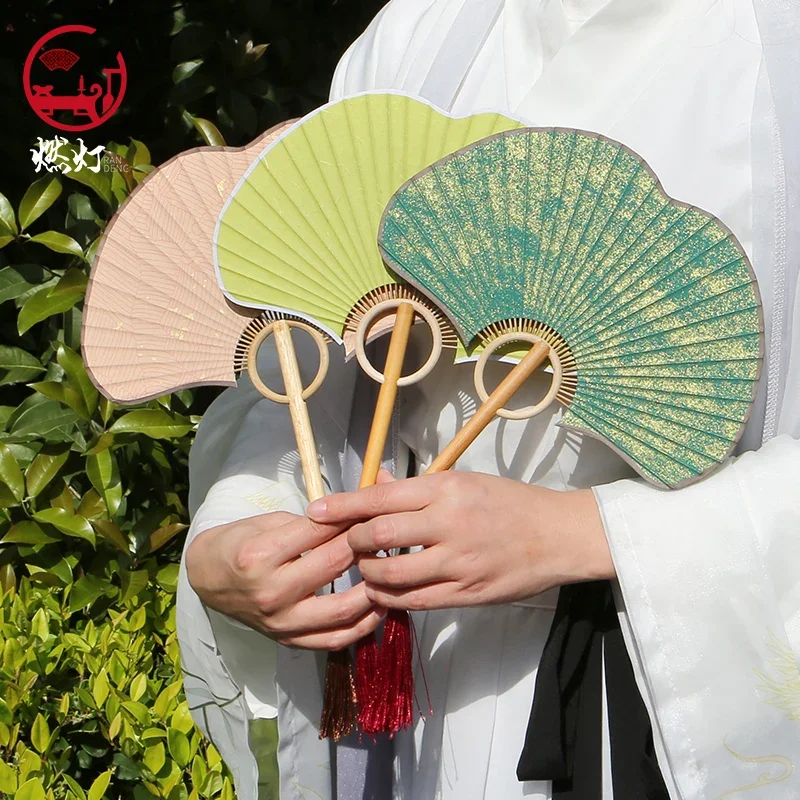 Lighting creative ginkgo biloba fan merchandise rice paper fan blank semi-cooked palace fan special-shaped double-sided