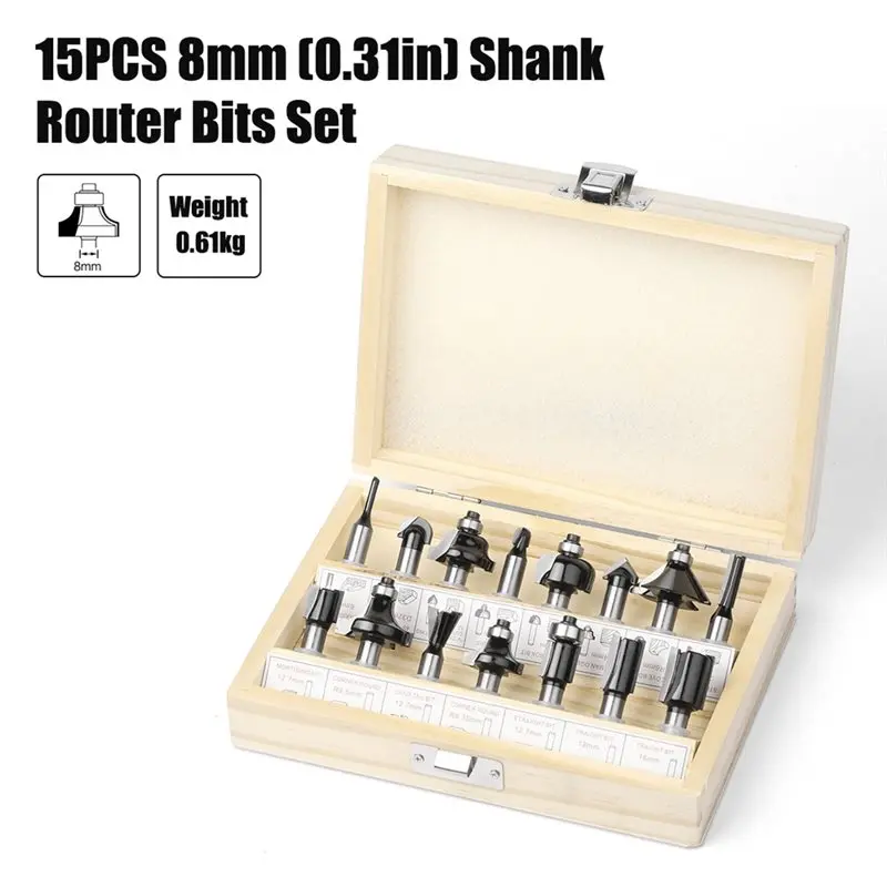ABZC-Punte per router per la lavorazione del legno Set da 15 pezzi Macchina per incidere nera a 8 maniglie/Set di punte per trimmer elettrico per legno