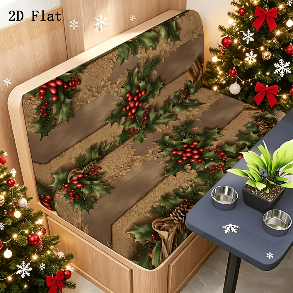 2pcs Christmas vintage wooden board holly red fruit pinecone pattern elastic caravan sofa cover, for decorating camping vehicles