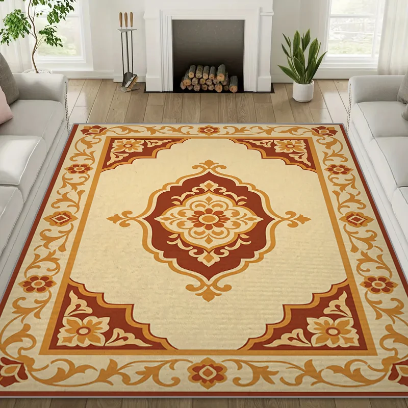 Retro Red Gold Octagonal Star Living Room Sofa Large Carpet, Easy To Clean Light Luxury Flower Frame Large Area Carpet