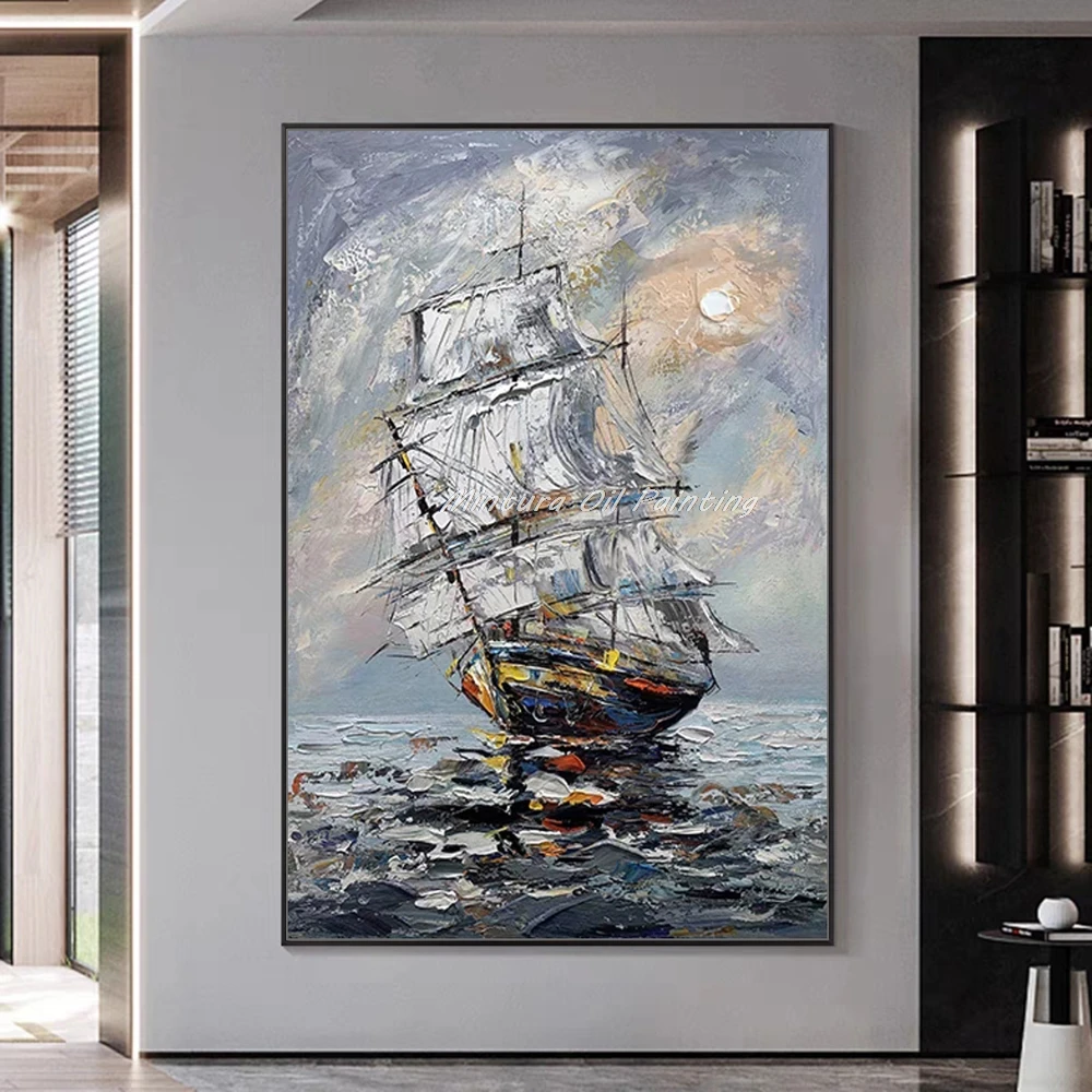 Mintura,100% Handmade Sailboat Oil Painting on Canvas Frameless Poster Wall Art Picture Modern Home Decor Living Room Decoration