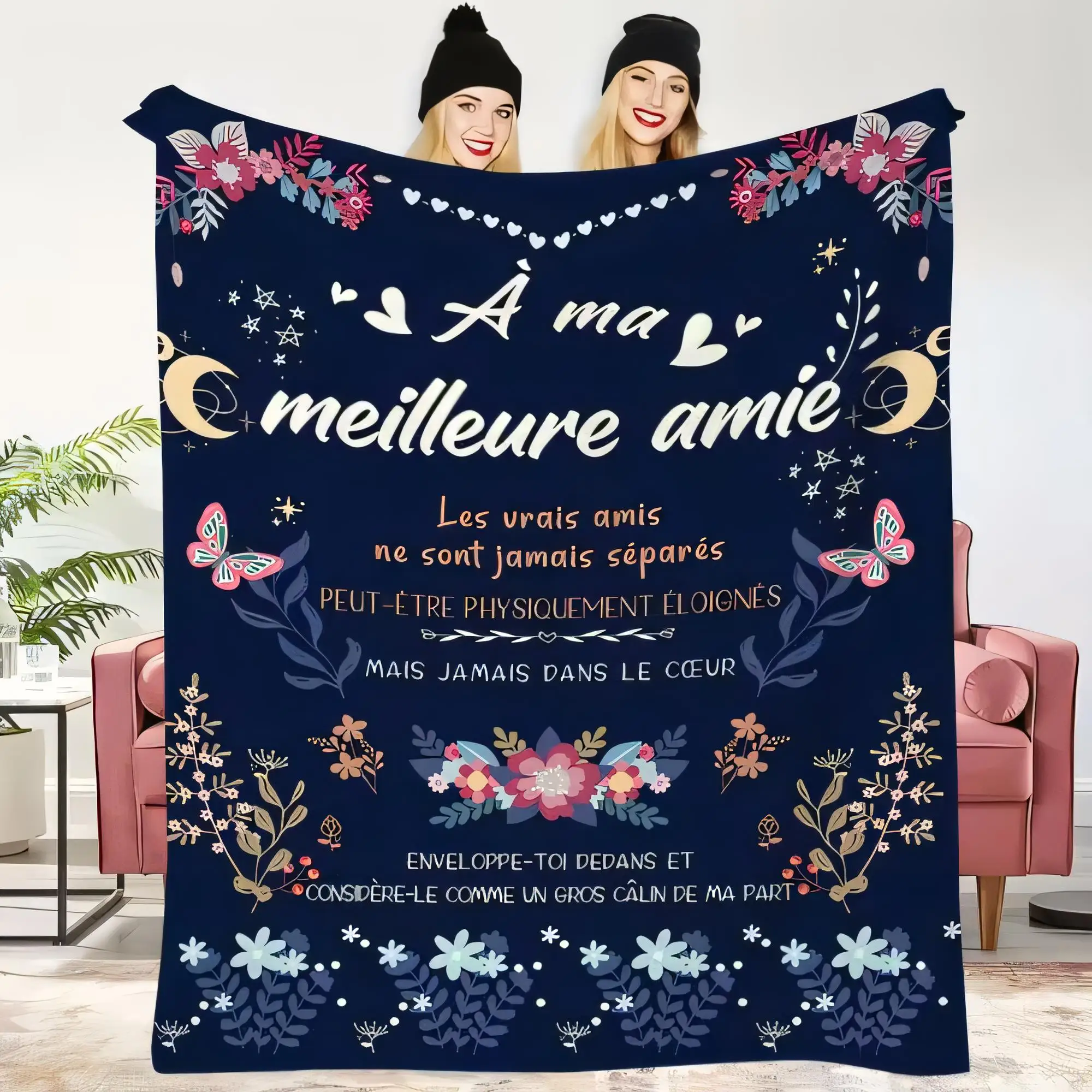 Dunkelblaue Überwurfdecke mit französischen Zitaten für beste Freunde, gemütliches Blumenmuster mit Schmetterlingen und Sternen, perfektes Geschenk für Freunde