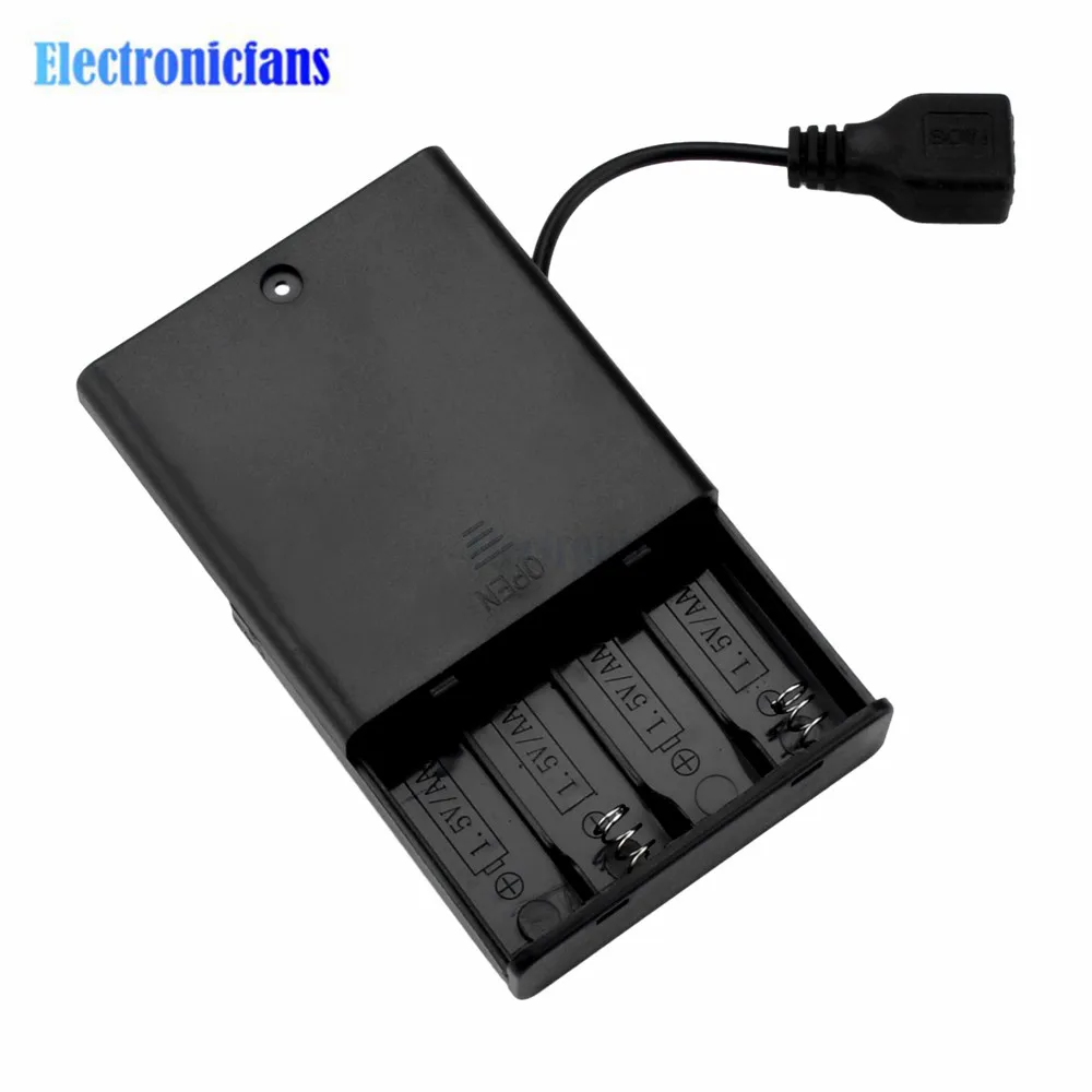 AA Battery Holder Black 4x1.5V 4 Slots AA Battery Box with Cover ON/Off Switch and USB Female Socket Battery Holder Battery