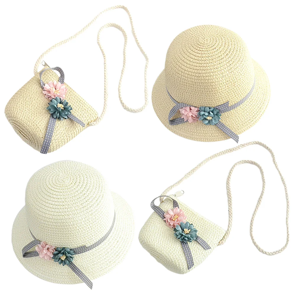 

Girls Beach Straw Bag Set Crossbody Tea Party Hats For Little Girls Purse Kids Matching Bag Carrying Straw Cap Summer Gift