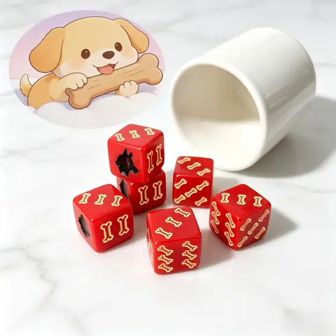 6Pcs Red D6 Dice Set - 16mm Themed Dice Dog & Bone Pattern Acrylic Dice for Board Games, Tabletop RPG, Party & Family Game Night