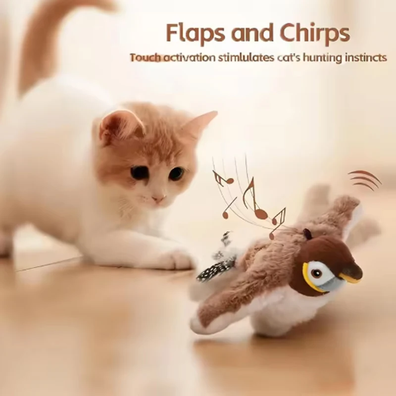 Jouet interactif pour chat, oiseau battant avec herbe-aux-chats, Simulation Rechargeable, jouets en peluche pelucheux activés au toucher pour chats