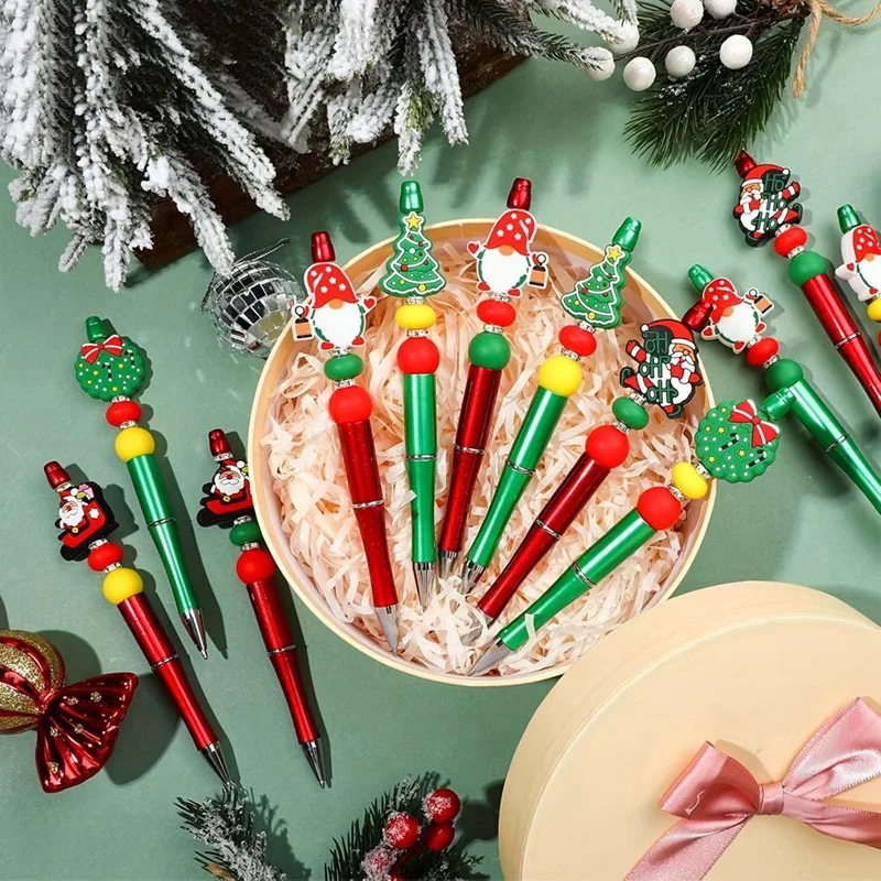 Bolígrafos navideños con cuentas, bolígrafos con cuentas con 12 espaciadores de silicona con forma de Papá Noel para suministros escolares y de oficina de Navidad