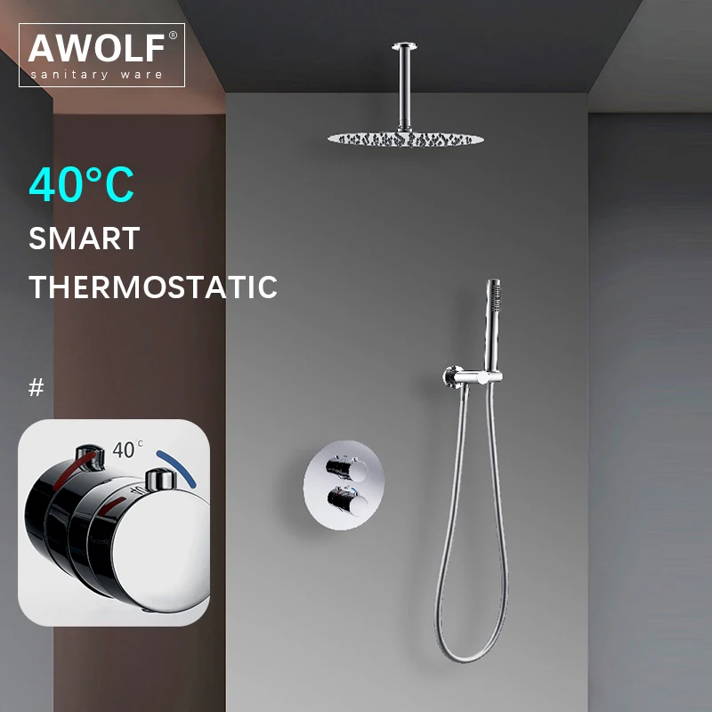 

Awolf Chrome Bathroom Thermostatic Mixer Round Design Shower Faucet System Solid Brass Wall Mounted Black Bath Mixer Set AH3061