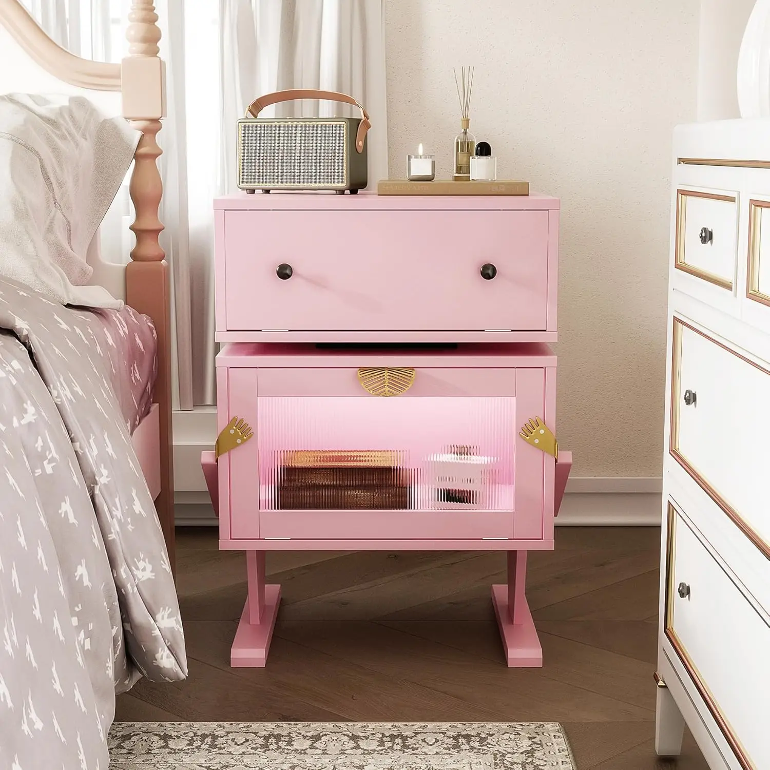 

Nightstand with LED Light Strips, Pink End Table with 360° Rotating Drawer, Modern Bedside Table with Glass Door Storage, Wood N