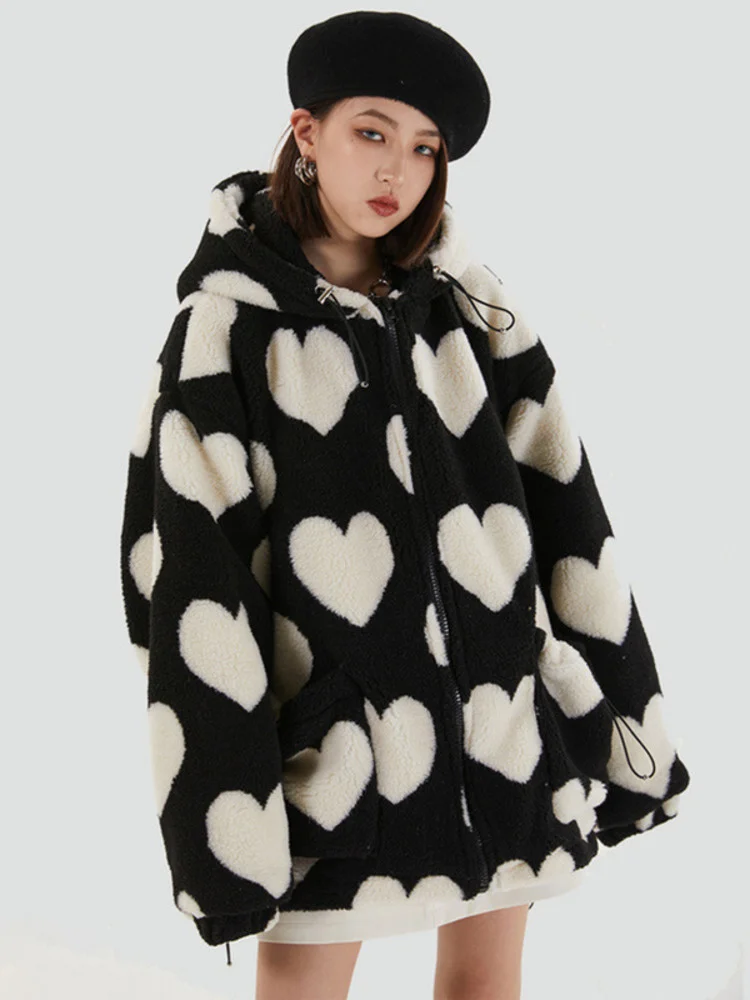 SHENGPALAE Harajuku Heart Full Print Plush Jacket Women autumn 2024 Korean Loose Long Sleeve Hooded Cotton Coat Thick Warm 5A956