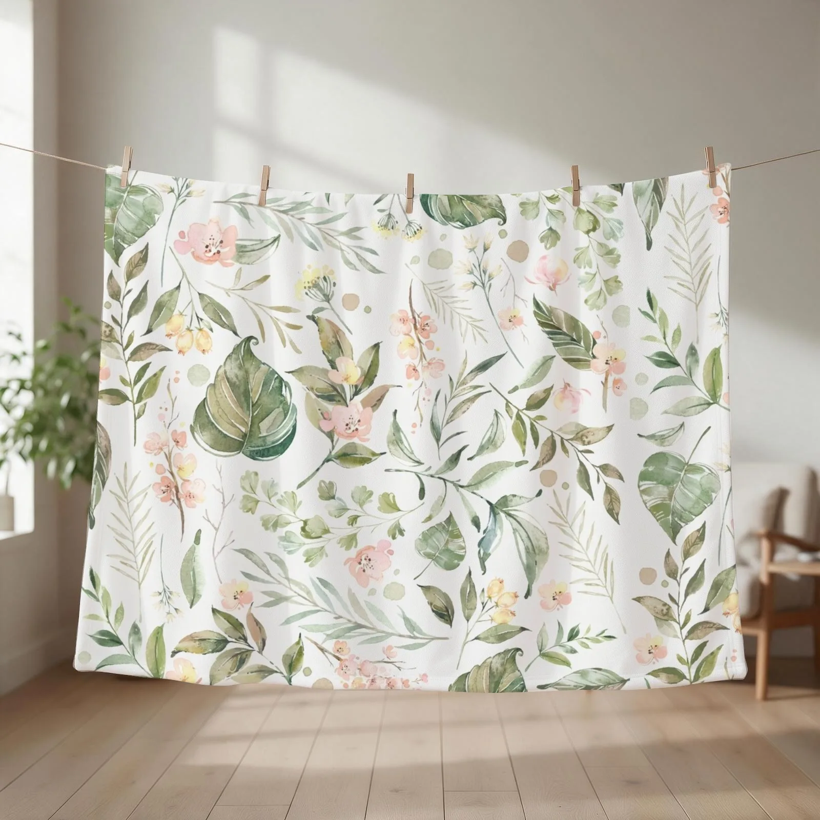 Floral watercolor pattern, pink and green botanical florals Throw Blanket couch cozy soft plush fuzzy picnic outdoor blanket