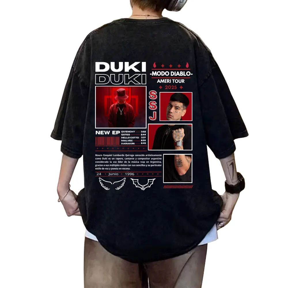 

Rapper Duki Modo Diablo Ameri Tour 2025 Washed Vintage T-shirt Men Women Hip Hop Fashion Pop Music T Shirts Oversized Streetwear