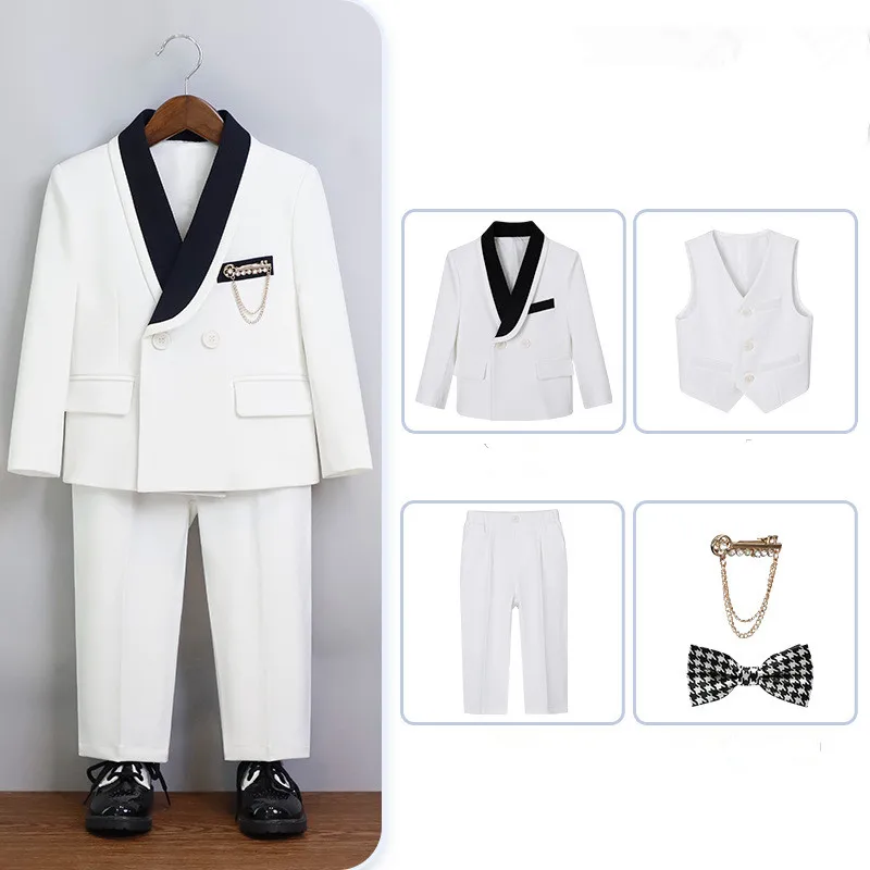 Kids White 5Pieces/Set Jacket Vest Pants Brooch Bowtie Host Piano Performance Dress Boys Wedding Dress Children Photography Suit